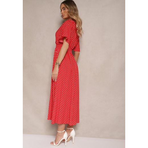 Czerwona Sukienka z Bawełną i Kopertowym Dekoltem ze Wzorem w Kropki Ldivona Renee M promocyjna cena renee.pl