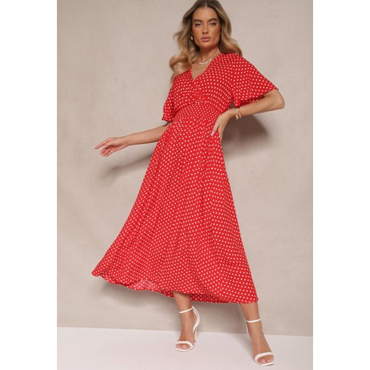 Czerwona Sukienka z Bawełną i Kopertowym Dekoltem ze Wzorem w Kropki Ldivona Renee XL okazja renee.pl