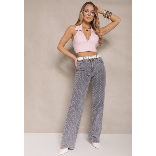 Szare Jeansy High Waist o Szerokim Kroju z Ozdobnymi Tłoczonymi Przetarciami Ulanisea ze sklepu renee.pl w kategorii Jeansy damskie - zdjęcie 179951928