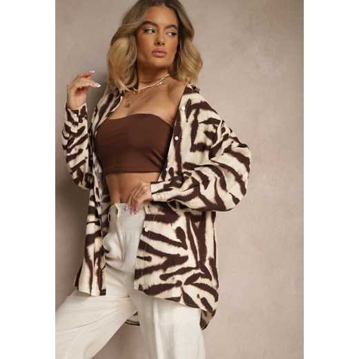 Beżowo-Brązowa Wiskozowa Koszula z Lnem w Print w Zebrę o Kroju Oversize Telonira ze sklepu renee.pl w kategorii Koszule damskie - zdjęcie 179951998