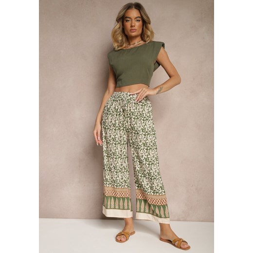 Zielone Spodnie z Bawełny High Waist z Abstrakcyjnym Wzorem Lisathiela ze sklepu renee.pl w kategorii Spodnie damskie - zdjęcie 179952818