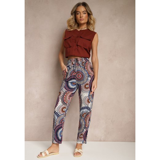 Niebiesko-Brązowe Szerokie Spodnie z Bawełny High Waist w Abstrakcyjny Wzór Jorivaess ze sklepu renee.pl w kategorii Spodnie damskie - zdjęcie 179952968