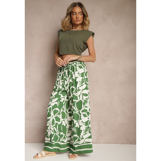 Zielone Spodnie o Szerokim Kroju High Waist w Kwiaty Nelrive ze sklepu renee.pl w kategorii Spodnie damskie - zdjęcie 179953038