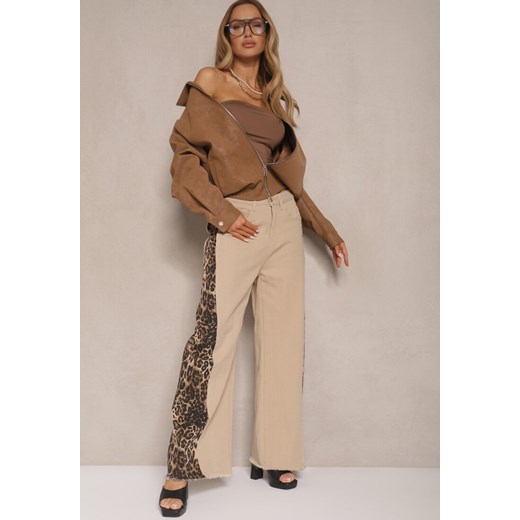 Beżowe Jeansy z Bawełny High Waist ze Wzorem Panterki Velliane ze sklepu renee.pl w kategorii Jeansy damskie - zdjęcie 179953908