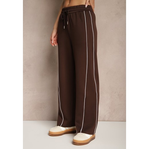 Brązowe Spodnie Dresowe z Bawełną o Szerokim Kroju High Waist z Paskami Salliara ze sklepu renee.pl w kategorii Spodnie damskie - zdjęcie 179953916