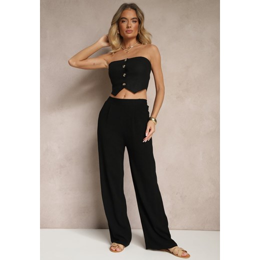 Czarne Spodnie z Lnem i Bawełną o Szerokim Kroju High Waist Sallieta ze sklepu renee.pl w kategorii Spodnie damskie - zdjęcie 179953958