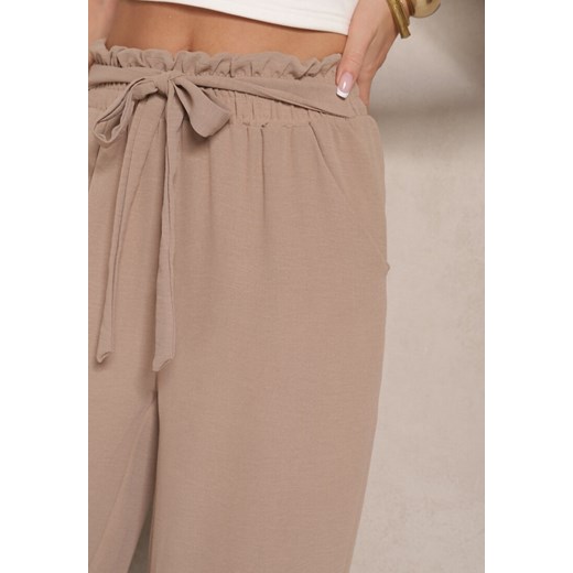 Ciemnobeżowe Spodnie z Wiskozą o Szerokim Kroju High Waist z Wiązaniem Ivelwia Renee S promocja renee.pl