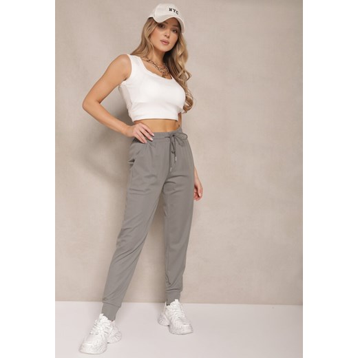 Szare Spodnie Dresowe z Wiskozą High Waist Ozdobione Sznurkiem Ellivenna ze sklepu renee.pl w kategorii Spodnie damskie - zdjęcie 179954058