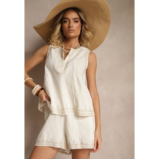 Jasnobeżowe Szorty High Waist z Bawełny z Ozdobnym Haftem Korimizza ze sklepu renee.pl w kategorii Szorty - zdjęcie 179954227