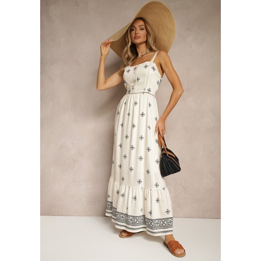 Czarna Sukienka z Wiskozą o Rozkloszowanym Kroju na Ramiączkach w Boho Print Leaella ze sklepu renee.pl w kategorii Sukienki - zdjęcie 179954597