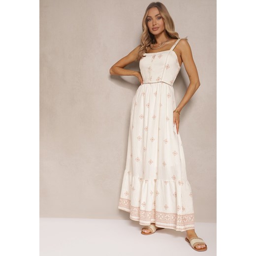 Beżowa Sukienka z Wiskozą o Rozkloszowanym Kroju na Ramiączkach w Boho Print Leaella ze sklepu renee.pl w kategorii Sukienki - zdjęcie 179954607