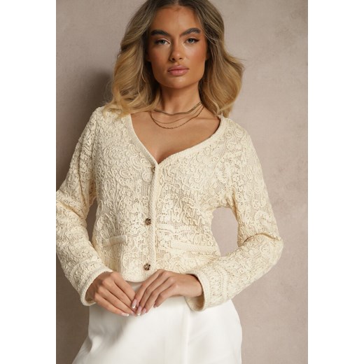 Beżowy Haftowany Kardigan z Bawełny na Guziki Sarivna Renee L okazyjna cena renee.pl