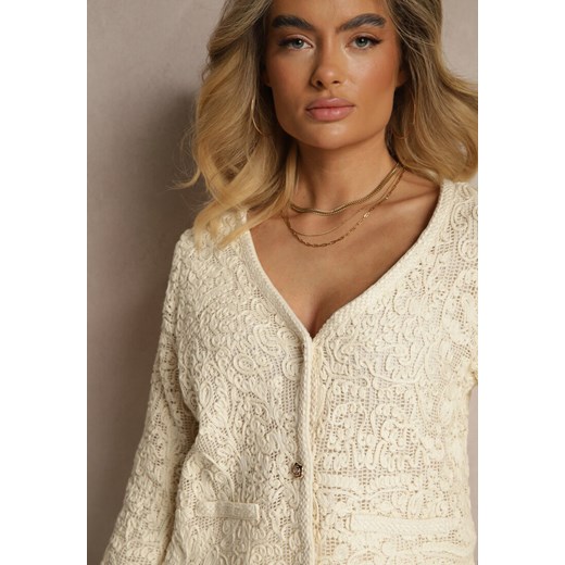 Beżowy Haftowany Kardigan z Bawełny na Guziki Sarivna Renee XL okazja renee.pl