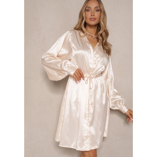 Beżowa Koszulowa Sukienka z Satyny Ozdobiona Cyrkoniami i Paskiem Miledis Renee L wyprzedaż renee.pl