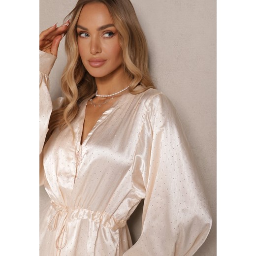 Beżowa Koszulowa Sukienka z Satyny Ozdobiona Cyrkoniami i Paskiem Miledis Renee S wyprzedaż renee.pl