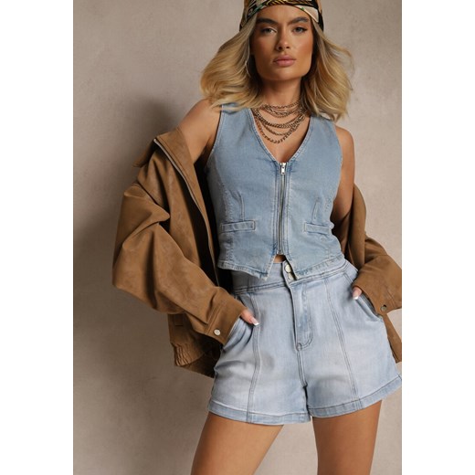 Niebieskie Szorty Jeansowe z Bawełną High Waist i Przeszyciami Tiledia ze sklepu renee.pl w kategorii Szorty - zdjęcie 179955489