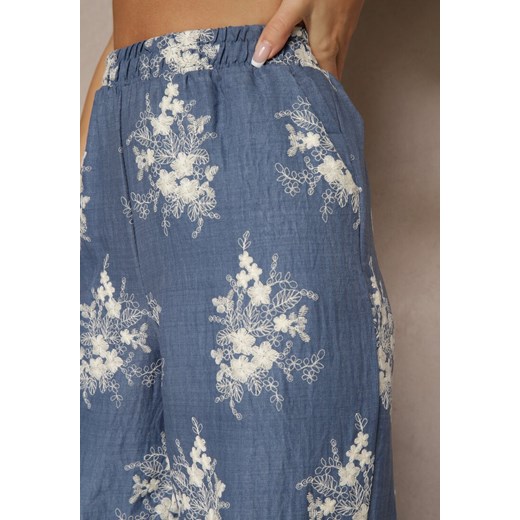 Niebieskie Spodnie Szerokie z Bawełną i Lnem High Waist Ozdobione Kwiatami Renee M wyprzedaż renee.pl