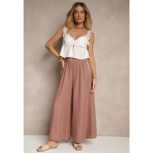 Brązowe Szerokie Spodnie High Waist z Elastycznymi Gumkami w Talii Varbia ze sklepu renee.pl w kategorii Spodnie damskie - zdjęcie 179956619