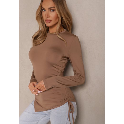 Brązowa Bluzka Longsleeve z Wiskozą o Asymetrycznym Kroju ze Ściągaczem Zepilda ze sklepu renee.pl w kategorii Bluzki damskie - zdjęcie 179957315