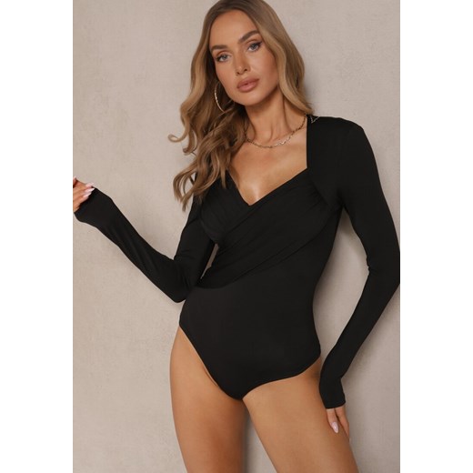 Czarne Eleganckie Body Longsleeve z Ozdobnym Marszczeniem Zimanya ze sklepu renee.pl w kategorii Bluzki damskie - zdjęcie 179957318