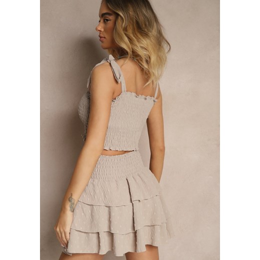 Beżowy Komplet Dopasowany Top z Wiązaniem i Spódnica o Rozkloszowanym Kroju Renee S wyprzedaż renee.pl