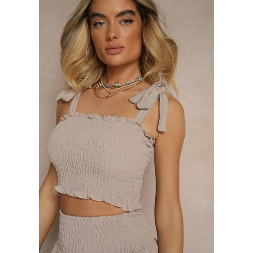 Beżowy Komplet Dopasowany Top z Wiązaniem i Spódnica o Rozkloszowanym Kroju Renee S renee.pl okazyjna cena