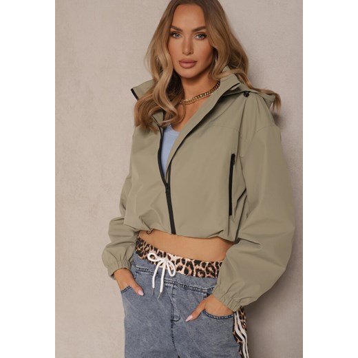 Ciemnozielona Kurtka Oversize w Sportowym Stylu z Kapturem i Ściągaczem w Pasie Volnea ze sklepu renee.pl w kategorii Kurtki damskie - zdjęcie 179958358