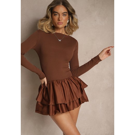Brązowa Sukienka Longsleeve o Rozkloszowanym Kroju z Falbanką Reline ze sklepu renee.pl w kategorii Sukienki - zdjęcie 179958589
