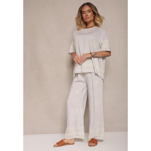 Jasnoszary Komplet Oversize z Bluzką i Luźnymi Spodniami w Stylu Boho Ronivara ze sklepu renee.pl w kategorii Komplety i garnitury damskie - zdjęcie 179959269