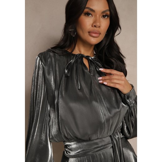 Szara Sukienka z Wiskozy z Falbanką i Wiązaniem Finlio Renee L okazja renee.pl