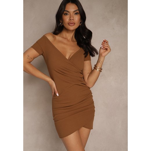 Brązowa Kopertowa Sukienka Typu Bodycon Sopaffe ze sklepu renee.pl w kategorii Sukienki - zdjęcie 179959697