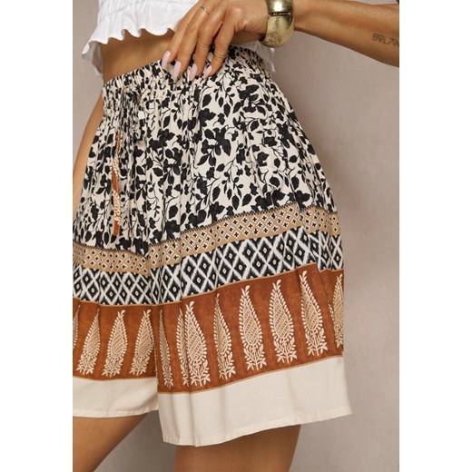 Czarno-Beżowe Szorty z Bawełny High Waist Ozdobione Kwiatami Kolirea Renee M okazja renee.pl