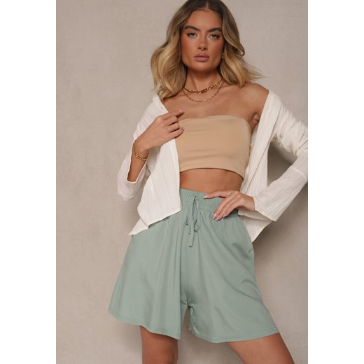 Jasnozielone Szorty z Bawełny High Waist Ozdobione Wiązaniem Selmio ze sklepu renee.pl w kategorii Szorty - zdjęcie 179960666
