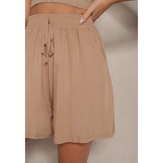 Beżowe Szorty z Bawełny High Waist Ozdobione Wiązaniem Selmio Renee L promocja renee.pl