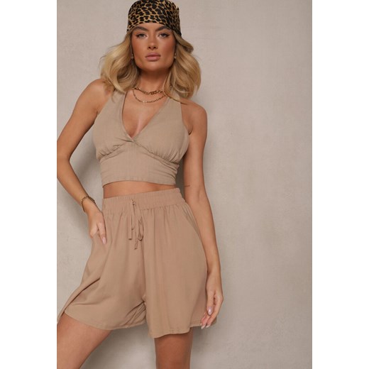 Beżowe Szorty z Bawełny High Waist Ozdobione Wiązaniem Selmio ze sklepu renee.pl w kategorii Szorty - zdjęcie 179960676