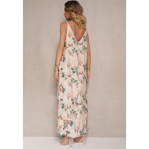 Beżowo-Zielona Rozkloszowana Sukienka na Ramiączkach z Wiskozą w Kwiatowy Wzór Renee 2XL okazyjna cena renee.pl