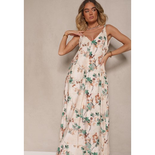 Beżowo-Zielona Rozkloszowana Sukienka na Ramiączkach z Wiskozą w Kwiatowy Wzór Renee 2XL okazja renee.pl