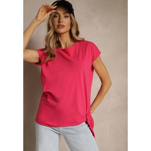 Różowy T-shirt z Bawełny z Ozdobnym Wiązaniem Termio ze sklepu renee.pl w kategorii Bluzki damskie - zdjęcie 179961406