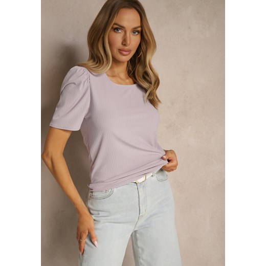Jasnofioletowy T-shirt z Prążkowanej Tkaniny z Zakładkami przy Rękawach Kolaniella ze sklepu renee.pl w kategorii Bluzki damskie - zdjęcie 179961556