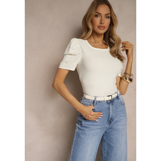 Beżowy T-shirt z Prążkowanej Tkaniny z Zakładkami przy Rękawach Kolaniella ze sklepu renee.pl w kategorii Bluzki damskie - zdjęcie 179961576