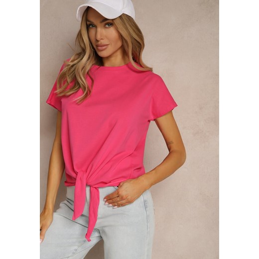 Różowy Bawełniany T-shirt Wiązany u Dołu Sunalina ze sklepu renee.pl w kategorii Bluzki damskie - zdjęcie 179961776