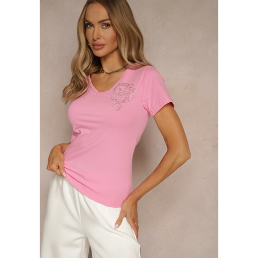 Różowy Bawełniany T-shirt Ozdobiony Cyrkoniami Ulivessa ze sklepu renee.pl w kategorii Bluzki damskie - zdjęcie 179961846