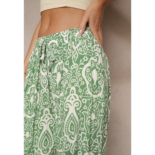 Ciemnozielone Wiskozowe Spodnie High Waist Zdobione Ornamentalnym Printem Renee M okazja renee.pl