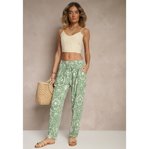 Ciemnozielone Wiskozowe Spodnie High Waist Zdobione Ornamentalnym Printem Renee L okazja renee.pl