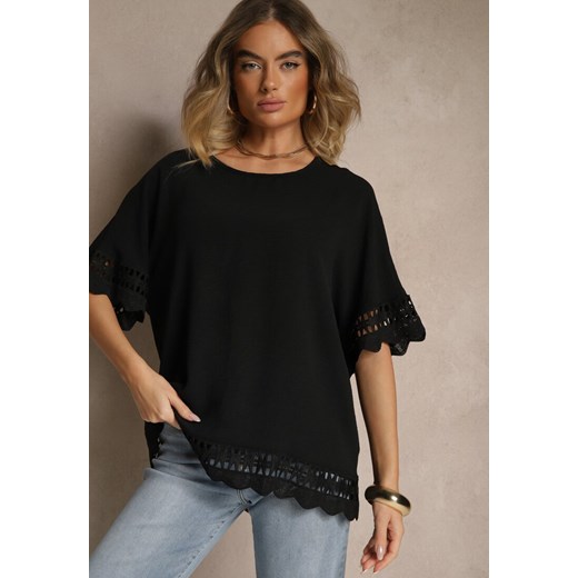 Czarna Bluzka Ozdobiona Ażurowymi Rękawami Vorana Renee 2XL okazja renee.pl