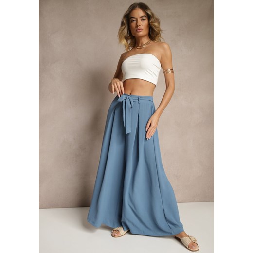 Niebieskie Spodnie z Bawełną o Szerokim Kroju High Waist z Paskiem Iveleldi ze sklepu renee.pl w kategorii Spodnie damskie - zdjęcie 179961906