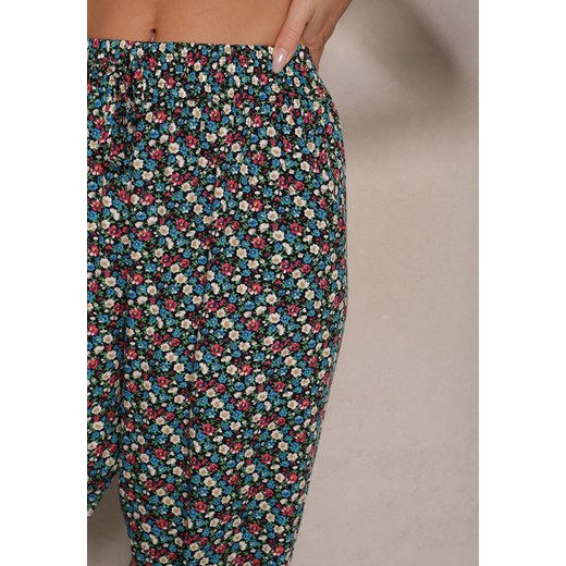 Zielono-Czarne Spodnie z Wiskozy High Waist w Kwiatowy Wzór Liosena Renee L wyprzedaż renee.pl