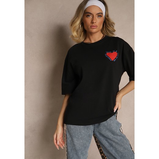 Czarny T-shirt z Bawełny Ozdobiony Sercem Ranira ze sklepu renee.pl w kategorii Bluzki damskie - zdjęcie 179963757
