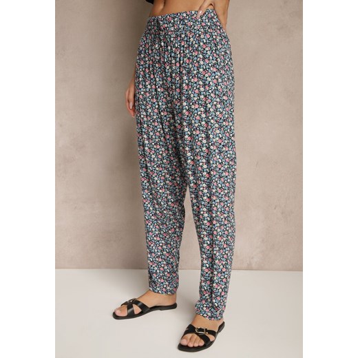 Granatowe Spodnie z Wiskozy High Waist w Kwiatowy Wzór Liosena Renee L renee.pl wyprzedaż