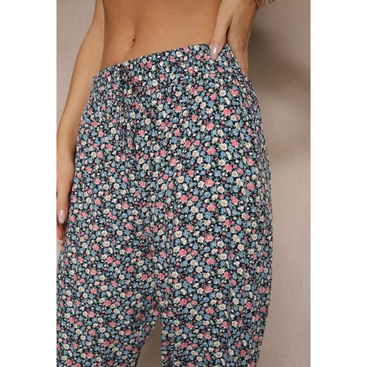Granatowe Spodnie z Wiskozy High Waist w Kwiatowy Wzór Liosena Renee L renee.pl promocyjna cena